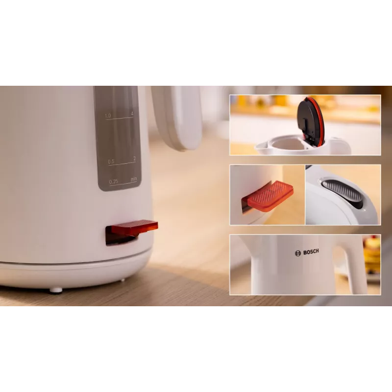 Electric kettle Bosch TWK2M161, 1.7 L, 2400 W, white, plastic housing, 360° base