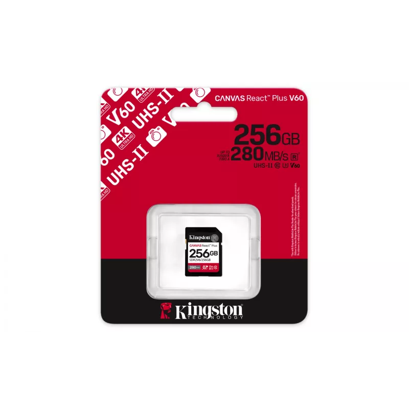 Kingston Technology 256GB Canvas React Plus SDXC UHS-II 280R/150W U3 V60 for Full HD/4K