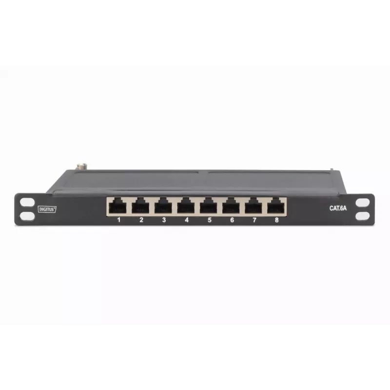 DIGITUS Patch Panel CAT6A shielded,8-Port 1/2U, 10in rack mount, black RAL 9005