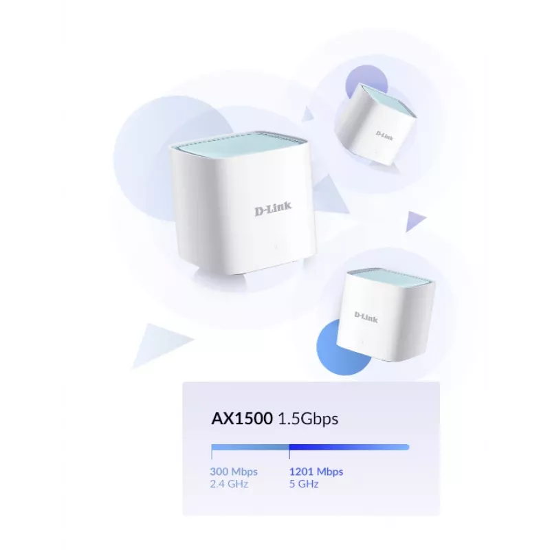 D-Link EAGLE PRO AI AX1500 Mesh System - 3 Pack, White, Internal, Mesh system, Power, Status, 500 m², Dual-band (2.4 GHz / 5 GHz)