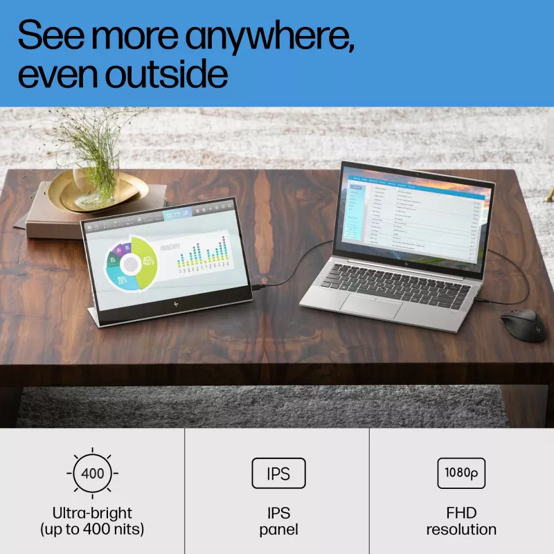 HP E-Series E14 G4 Portable Monitor, 35.6 cm (14 inch), 1920 x 1080 pixels, Full HD, LCD, 5 ms, Silver
