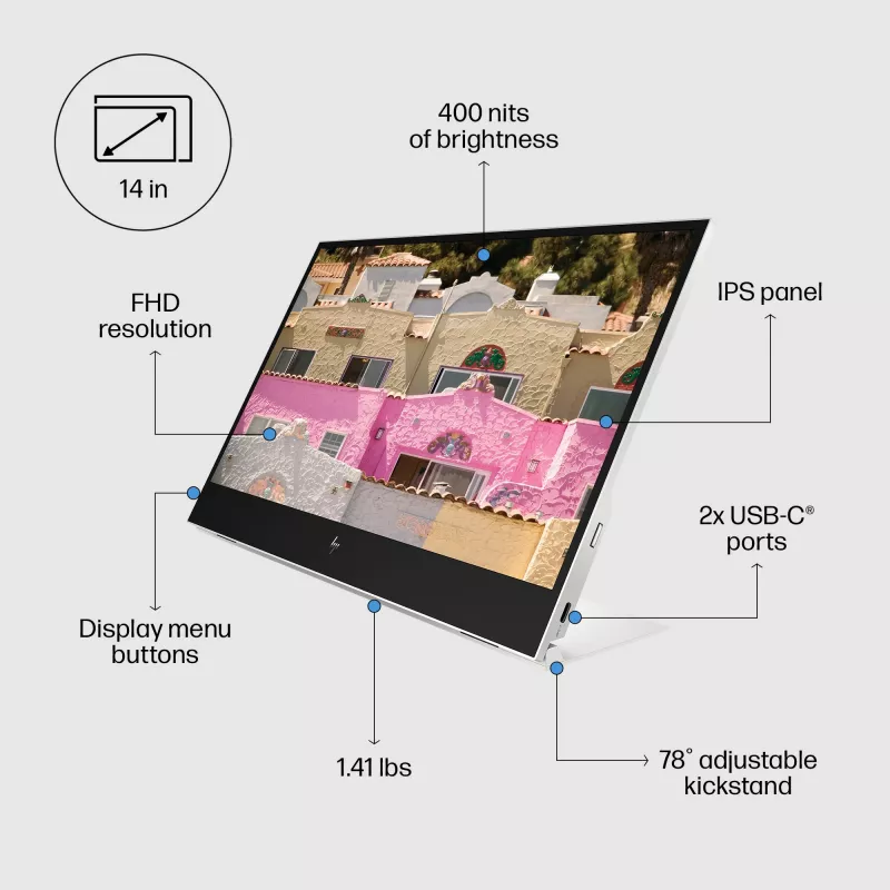 HP E-Series E14 G4 Portable Monitor, 35.6 cm (14 inch), 1920 x 1080 pixels, Full HD, LCD, 5 ms, Silver