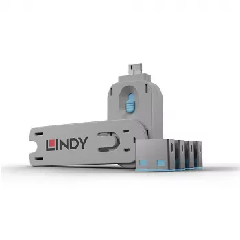 Lindy USB Port Blocker - Pack of 4, Colour Code: Blue, Port blocker + key, USB Type-A, Blue, Acrylonitrile butadiene styrene (ABS), 5 pc(s), Polybag