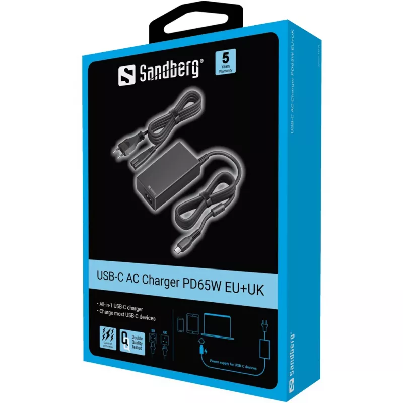 Sandberg USB-C AC Charger PD65W EU+UK, Universal, Indoor, 230 V, 65 W, AC-to-DC, Black