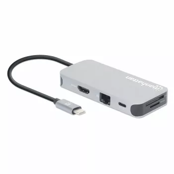 Manhattan USB-C Dock/Hub with Card Reader, Ports (x6): Ethernet, HDMI, USB-A (x3) and USB-C, With Power Delivery (100W) to USB-C Port (Note additional USB-C wall charger and USB-C cable needed), Universal for all devices, Cable 15cm, Aluminium, Silver
