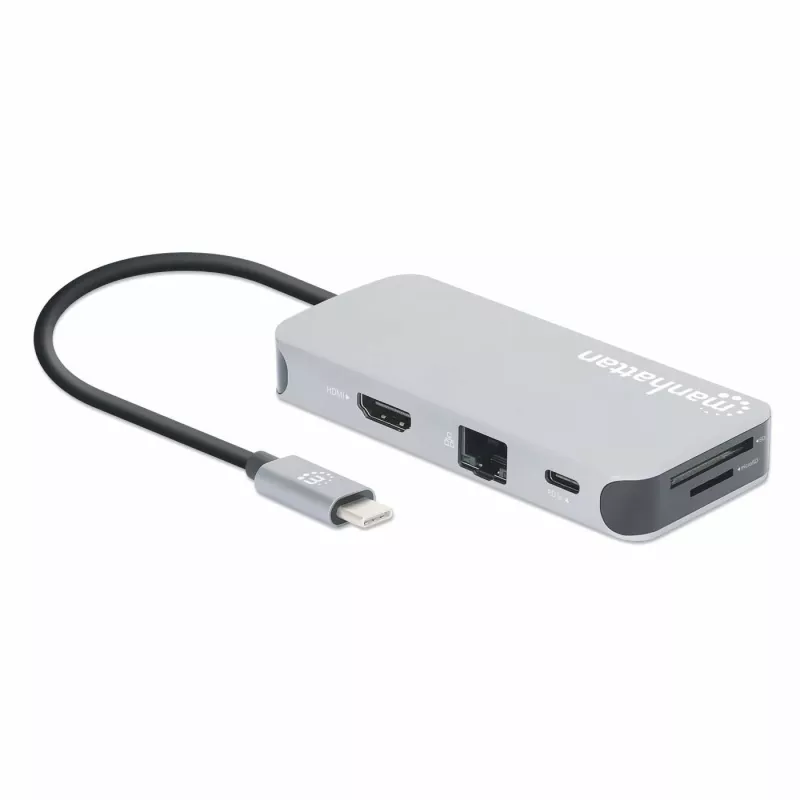 Manhattan USB-C Dock/Hub with Card Reader, Ports (x6): Ethernet, HDMI, USB-A (x3) and USB-C, With Power Delivery (100W) to USB-C Port (Note additional USB-C wall charger and USB-C cable needed), Universal for all devices, Cable 15cm, Aluminium, Silver