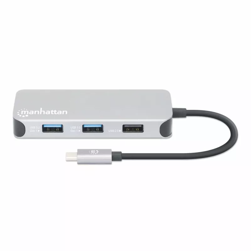 Manhattan USB-C Dock/Hub with Card Reader, Ports (x6): Ethernet, HDMI, USB-A (x3) and USB-C, With Power Delivery (100W) to USB-C Port (Note additional USB-C wall charger and USB-C cable needed), Universal for all devices, Cable 15cm, Aluminium, Silver