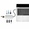 Manhattan USB-C Dock/Hub with Card Reader, Ports (x6): Ethernet, HDMI, USB-A (x3) and USB-C, With Power Delivery (100W) to USB-C Port (Note additional USB-C wall charger and USB-C cable needed), Universal for all devices, Cable 15cm, Aluminium, Silver