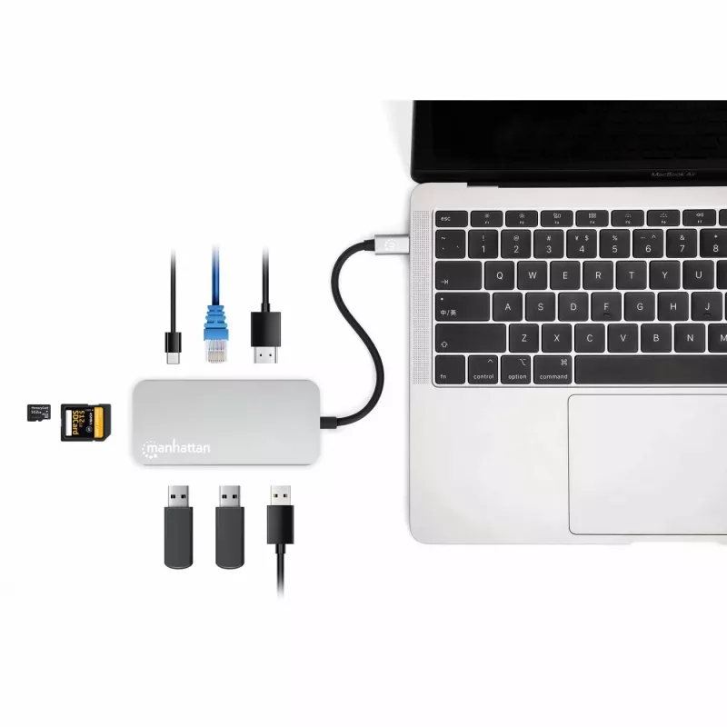 Manhattan USB-C Dock/Hub with Card Reader, Ports (x6): Ethernet, HDMI, USB-A (x3) and USB-C, With Power Delivery (100W) to USB-C Port (Note additional USB-C wall charger and USB-C cable needed), Universal for all devices, Cable 15cm, Aluminium, Silver