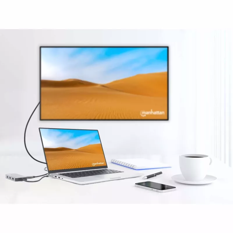 Manhattan USB-C Dock/Hub with Card Reader, Ports (x6): Ethernet, HDMI, USB-A (x3) and USB-C, With Power Delivery (100W) to USB-C Port (Note additional USB-C wall charger and USB-C cable needed), Universal for all devices, Cable 15cm, Aluminium, Silver