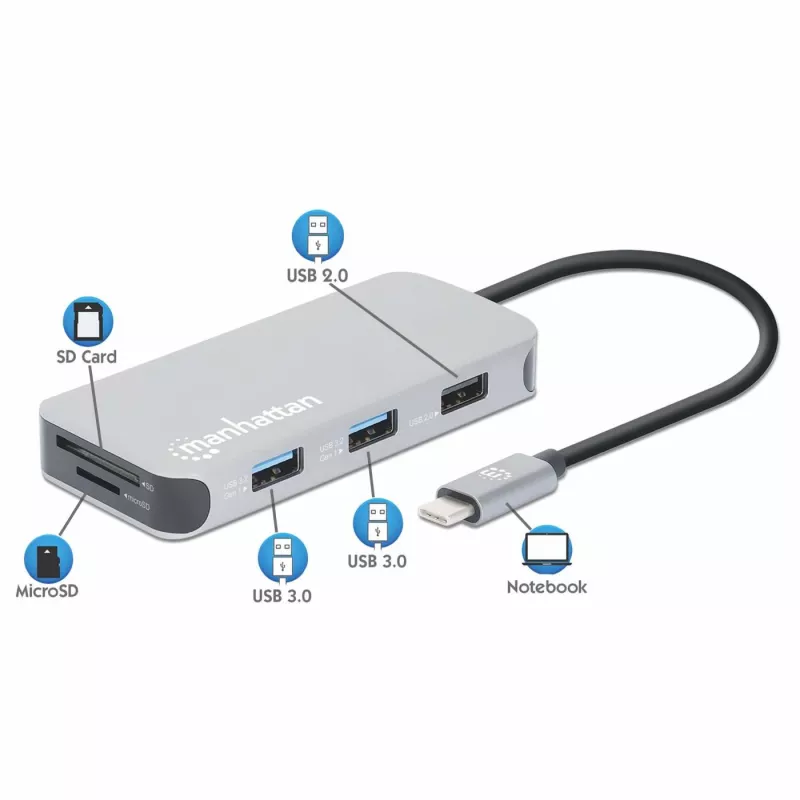 Manhattan USB-C Dock/Hub with Card Reader, Ports (x6): Ethernet, HDMI, USB-A (x3) and USB-C, With Power Delivery (100W) to USB-C Port (Note additional USB-C wall charger and USB-C cable needed), Universal for all devices, Cable 15cm, Aluminium, Silver