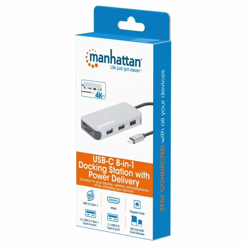 Manhattan USB-C Dock/Hub with Card Reader, Ports (x6): Ethernet, HDMI, USB-A (x3) and USB-C, With Power Delivery (100W) to USB-C Port (Note additional USB-C wall charger and USB-C cable needed), Universal for all devices, Cable 15cm, Aluminium, Silver