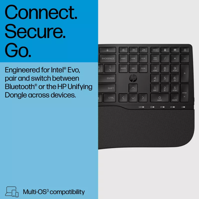HP 685 Comfort Dual-Mode Keyboard, QWERTY, Full-size (100%), Wireless, RF Wireless + Bluetooth, Membrane, QWERTY, Black