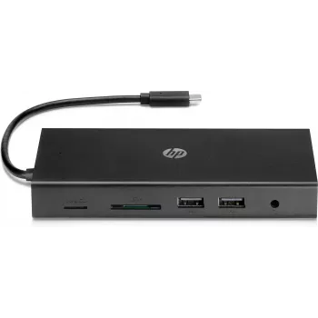 USB-C Multi Port Hub HP Travel – HP 1C1Y5AA, USB-C host, HDMI 2.0, VGA, 1×RJ-45, 2×USB-A 3.2 Gen1, 2×USB 2.0, MicroSD reader, Black