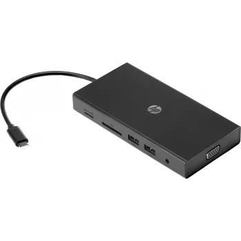 USB-C Multi Port Hub HP Travel – HP 1C1Y5AA, USB-C host, HDMI 2.0, VGA, 1×RJ-45, 2×USB-A 3.2 Gen1, 2×USB 2.0, MicroSD reader, Black