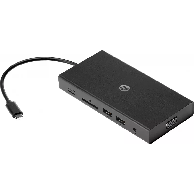 USB-C Multi Port Hub HP Travel – HP 1C1Y5AA, USB-C host, HDMI 2.0, VGA, 1×RJ-45, 2×USB-A 3.2 Gen1, 2×USB 2.0, MicroSD reader, Black