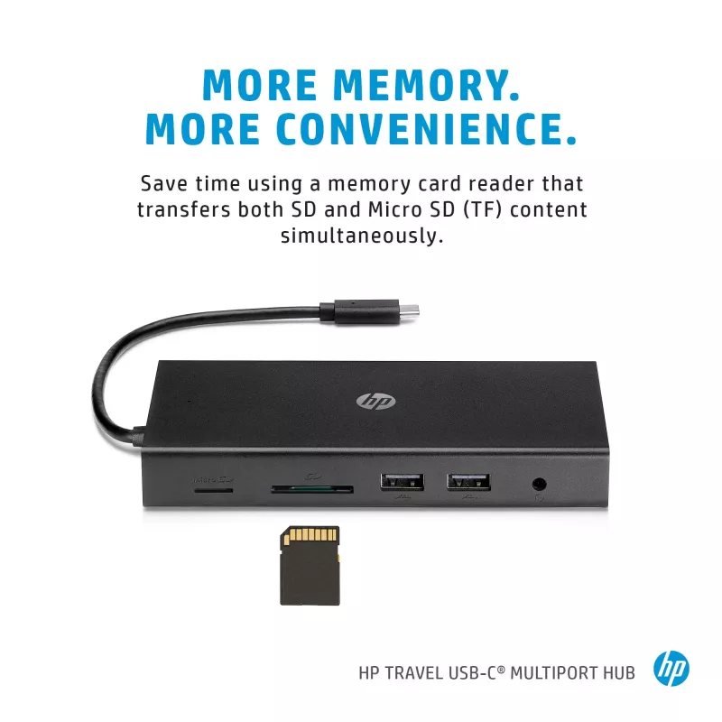 USB-C Multi Port Hub HP Travel – HP 1C1Y5AA, USB-C host, HDMI 2.0, VGA, 1×RJ-45, 2×USB-A 3.2 Gen1, 2×USB 2.0, MicroSD reader, Black