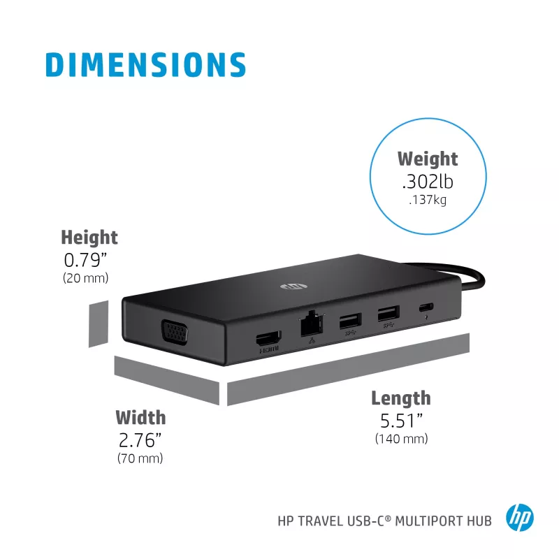 USB-C Multi Port Hub HP Travel – HP 1C1Y5AA, USB-C host, HDMI 2.0, VGA, 1×RJ-45, 2×USB-A 3.2 Gen1, 2×USB 2.0, MicroSD reader, Black