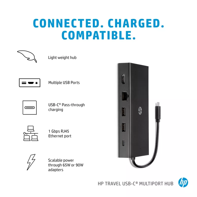 USB-C Multi Port Hub HP Travel – HP 1C1Y5AA, USB-C host, HDMI 2.0, VGA, 1×RJ-45, 2×USB-A 3.2 Gen1, 2×USB 2.0, MicroSD reader, Black