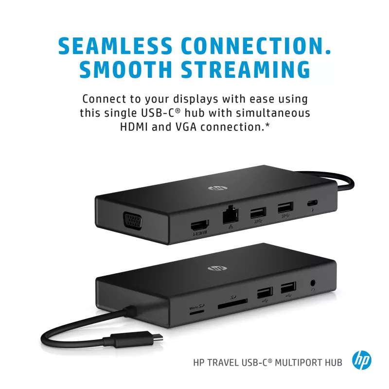 USB-C Multi Port Hub HP Travel – HP 1C1Y5AA, USB-C host, HDMI 2.0, VGA, 1×RJ-45, 2×USB-A 3.2 Gen1, 2×USB 2.0, MicroSD reader, Black