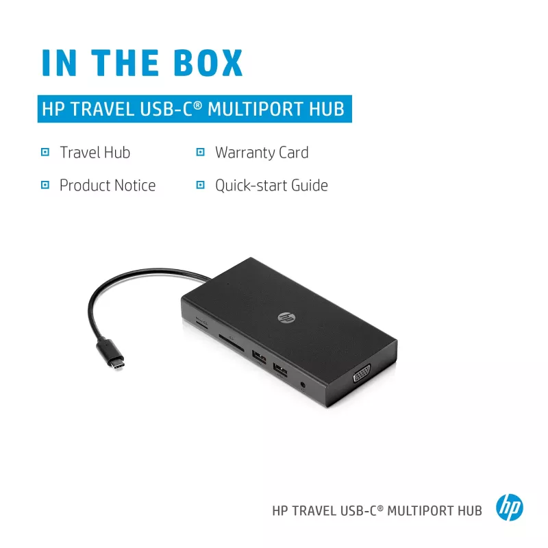USB-C Multi Port Hub HP Travel – HP 1C1Y5AA, USB-C host, HDMI 2.0, VGA, 1×RJ-45, 2×USB-A 3.2 Gen1, 2×USB 2.0, MicroSD reader, Black