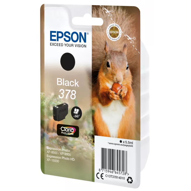 Epson Squirrel Singlepack Black 378 Claria Photo HD Ink, Standard Yield, Black, Pigment-based ink, 5.5 ml, 1 pc(s), 240 pages