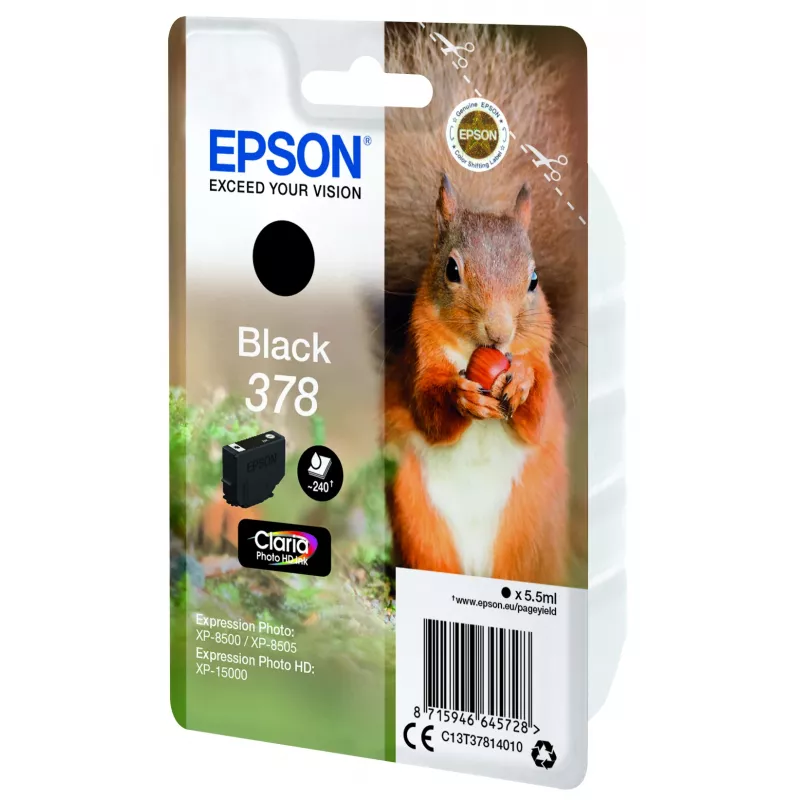 Epson Squirrel Singlepack Black 378 Claria Photo HD Ink, Standard Yield, Black, Pigment-based ink, 5.5 ml, 1 pc(s), 240 pages