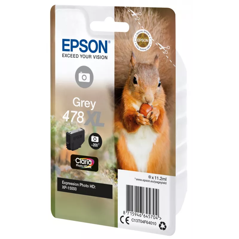 Epson Squirrel Singlepack Grey 478XL Claria Photo HD Ink, High (XL) Yield, Grey, Dye-based ink, 11.2 ml, 1 pc(s), 200 pages