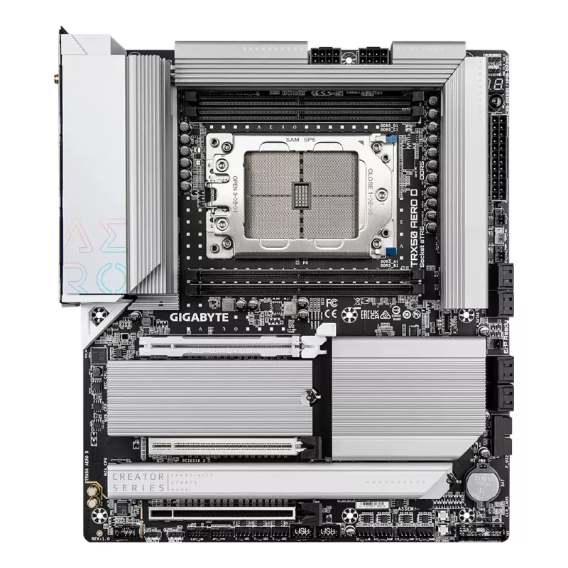 GIGABYTE TRX50 AERO D Motherboard - Supports AMD Ryzen Threadripper 9000 Series CPUs, 16+8+4 Phases Digital VRM, up to 7800MHz DDR5 (OC), 3xPCIe 5.0 + 1xPCIe 4.0 M.2, Wi-Fi 7, 10GbE LAN, USB4