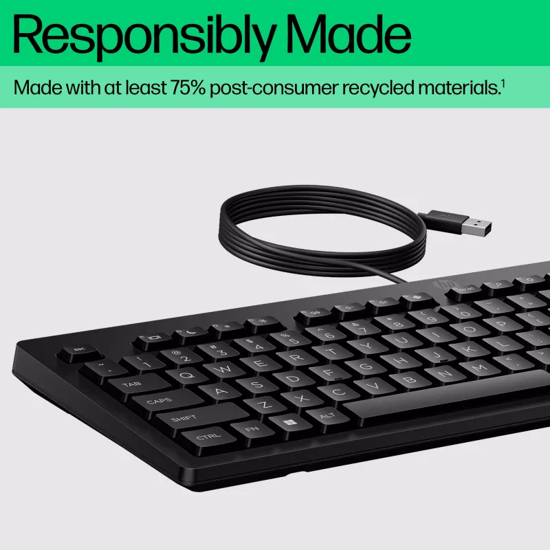 HP 125 Wired Keyboard, Full-size (100%), Wired, USB, Black