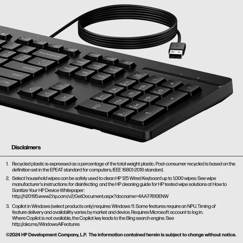 HP 125 Wired Keyboard, Full-size (100%), Wired, USB, Black