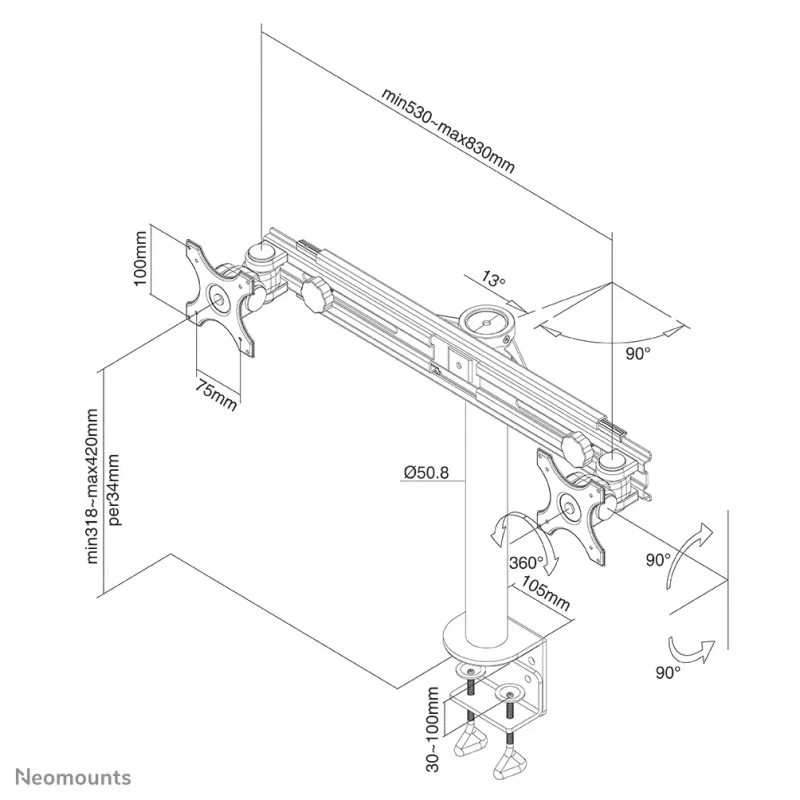 Neomounts FPMA-D700D Monitor arm 19-30 inch, Clamp, 8 kg, 48.3 cm (19 inch), 76.2 cm (30 inch), 100 x 100 mm, Black