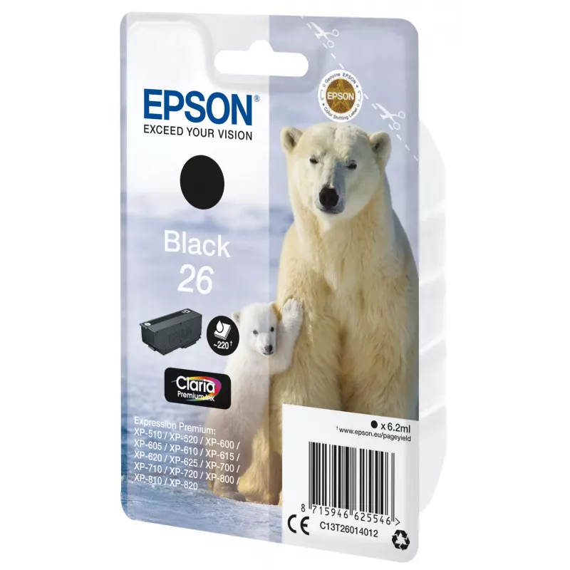 Epson Polar bear Singlepack Black 26 Claria Premium Ink, Standard Yield, Black, Pigment-based ink, 6.2 ml, 1 pc(s), 220 pages
