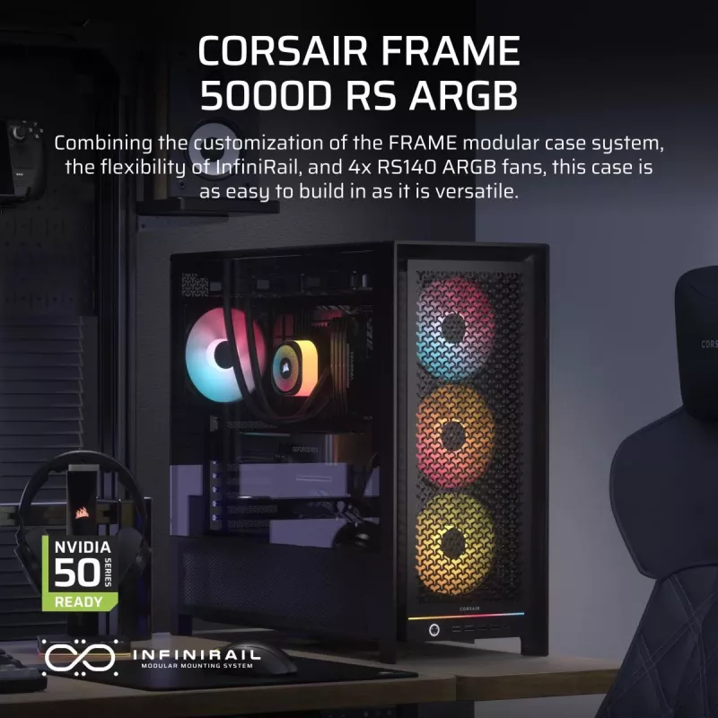 PC Case CORSAIR FRAME 5000D RS ARGB Midi Tower Black — ATX, supports 3x140mm front fans, 2.5/3.5 inch drives