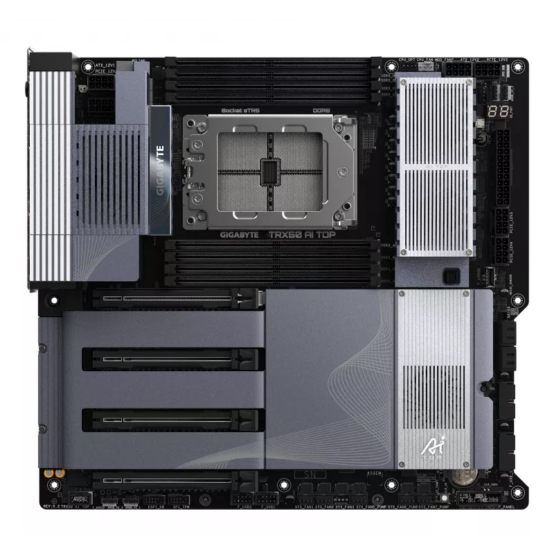 GIGABYTE TRX50 AI TOP-2B Motherboard - AMD Ryzen Threadripper PRO 7000 CPUs, 16+8+4 Phases Digital VRM, up to 5200 MHz DDR5, 4xPCIe 5.0 M.2, Wi-Fi 7, 10 GbE LAN, USB 4