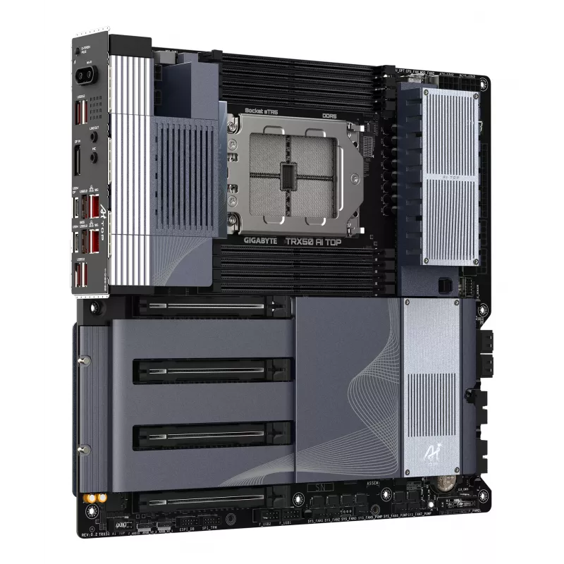 GIGABYTE TRX50 AI TOP-2B Motherboard - AMD Ryzen Threadripper PRO 7000 CPUs, 16+8+4 Phases Digital VRM, up to 5200 MHz DDR5, 4xPCIe 5.0 M.2, Wi-Fi 7, 10 GbE LAN, USB 4