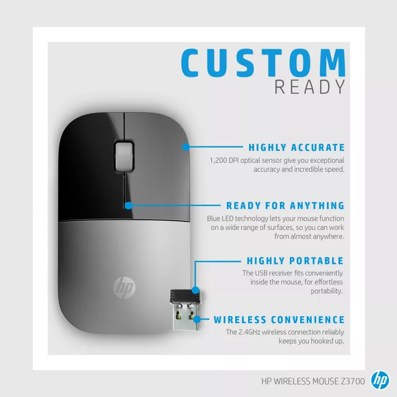 HP Z3700 Blue Wireless Mouse, Ambidextrous, Optical, RF Wireless, 1200 DPI, Blue