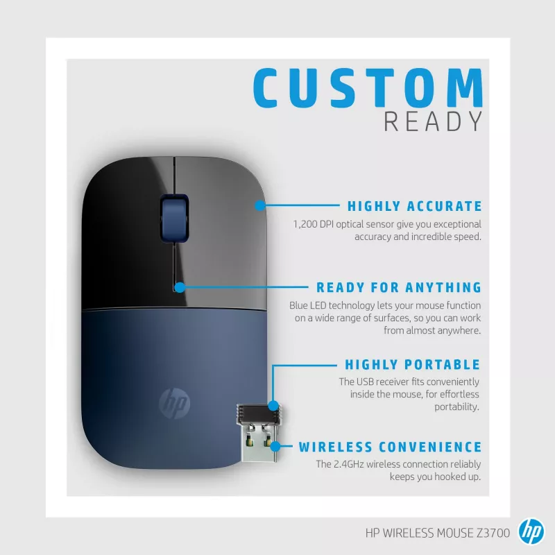 HP Z3700 Blue Wireless Mouse, Ambidextrous, Optical, RF Wireless, 1200 DPI, Blue