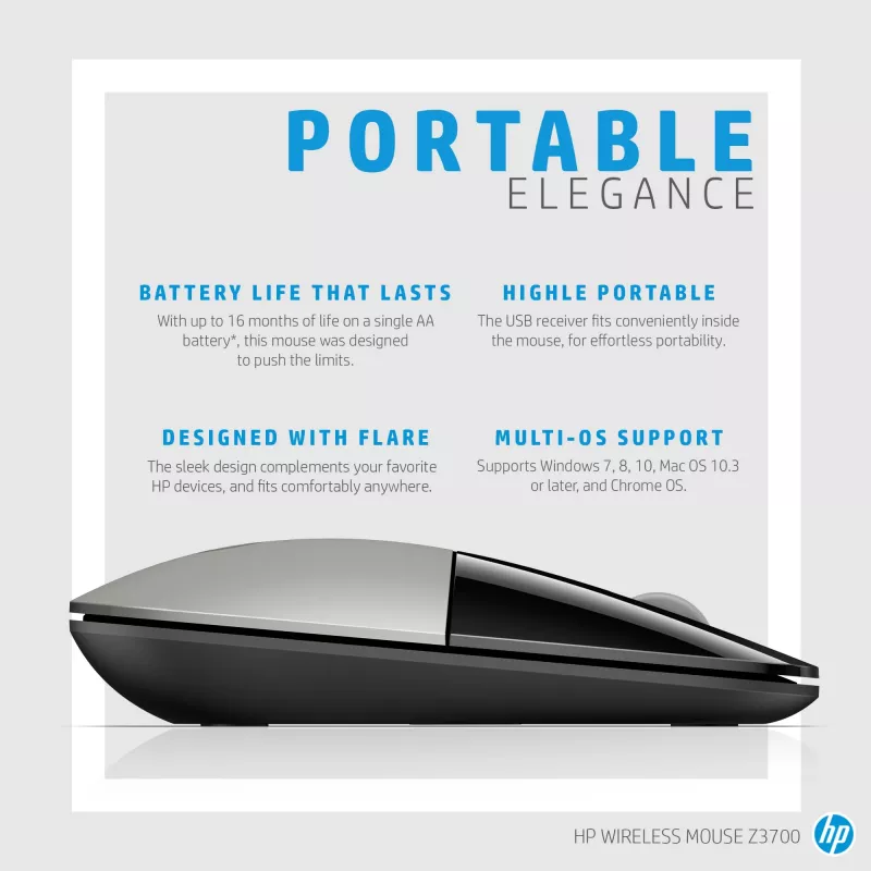 HP Z3700 Blue Wireless Mouse, Ambidextrous, Optical, RF Wireless, 1200 DPI, Blue