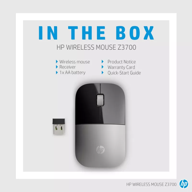 HP Z3700 Blue Wireless Mouse, Ambidextrous, Optical, RF Wireless, 1200 DPI, Blue