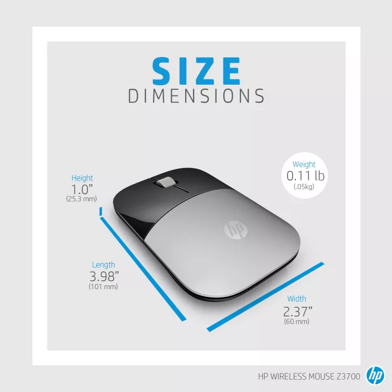 HP Z3700 Blue Wireless Mouse, Ambidextrous, Optical, RF Wireless, 1200 DPI, Blue
