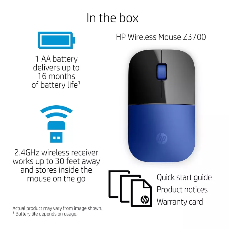 HP Z3700 Blue Wireless Mouse, Ambidextrous, Optical, RF Wireless, 1200 DPI, Blue