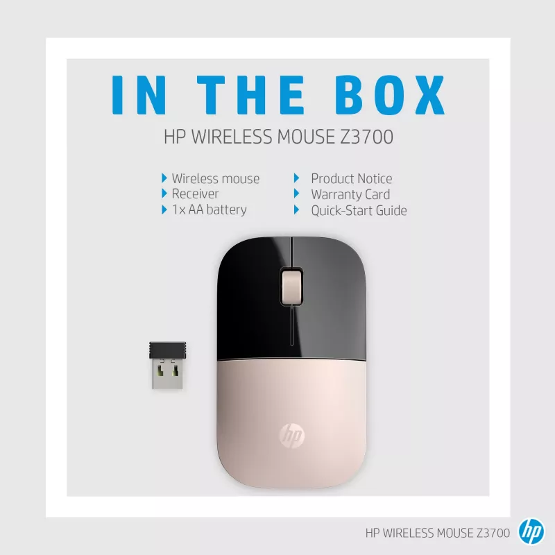 HP Z3700 Blue Wireless Mouse, Ambidextrous, Optical, RF Wireless, 1200 DPI, Blue