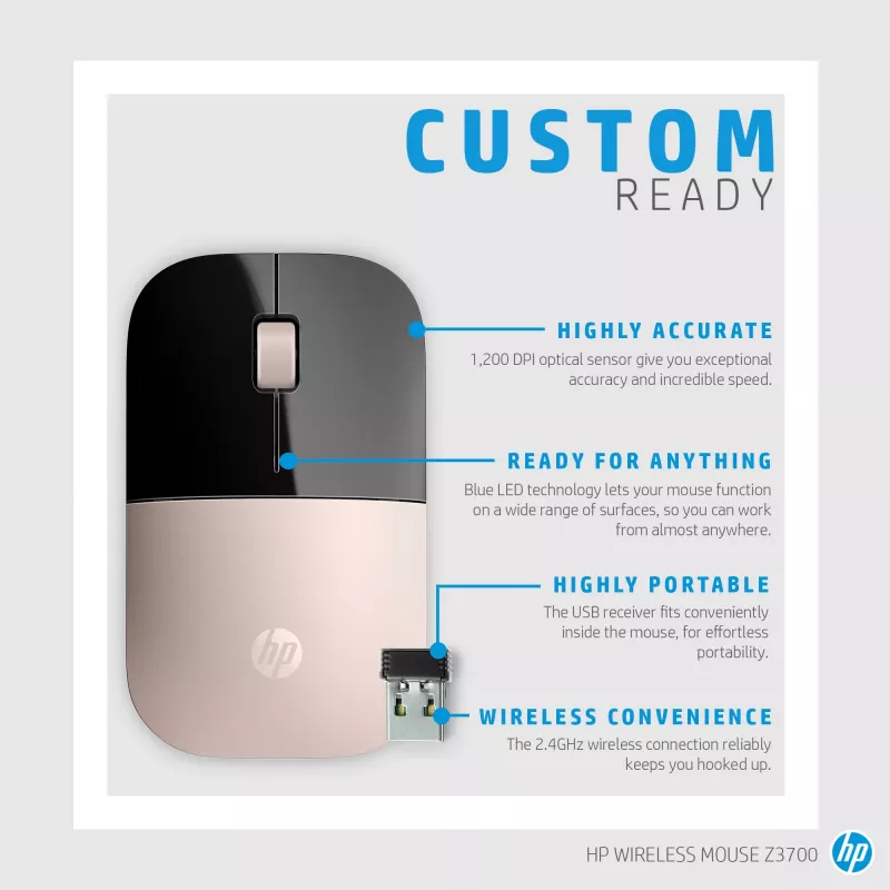 HP Z3700 Blue Wireless Mouse, Ambidextrous, Optical, RF Wireless, 1200 DPI, Blue