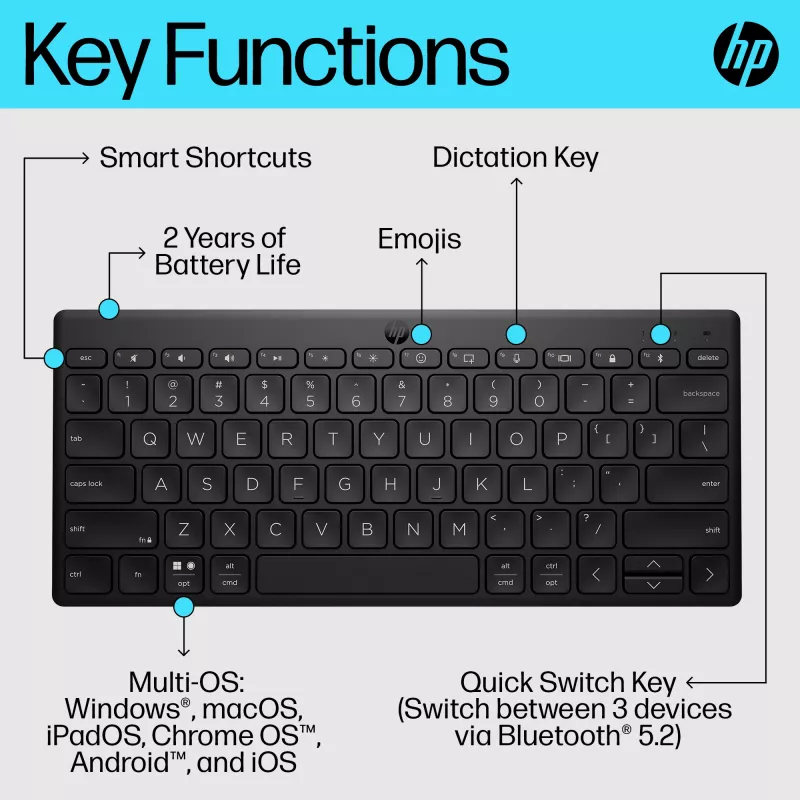 Compact Bluetooth Keyboard HP 355 — wireless mechanical keys, black, 0.34 kg