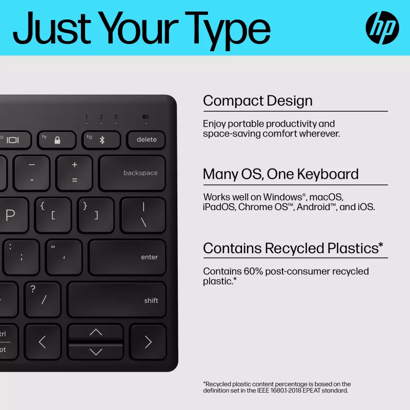 Compact Bluetooth Keyboard HP 355 — wireless mechanical keys, black, 0.34 kg