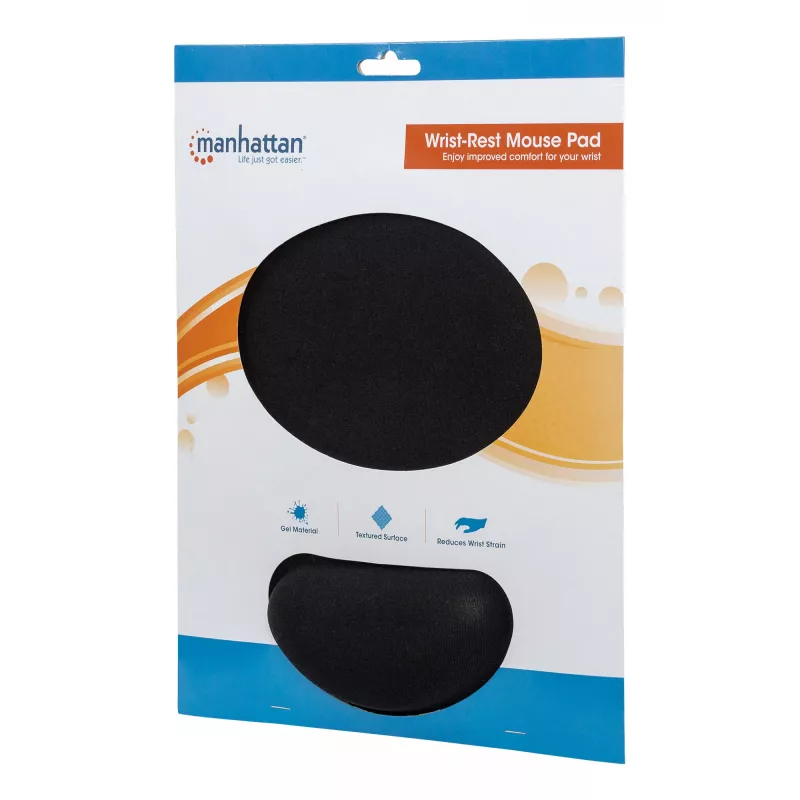 Manhattan Wrist Gel Support Pad and Mouse Mat, Black, 241 × 203 × 40 mm, non slip base, Lifetime Warranty, Card Retail Packaging
