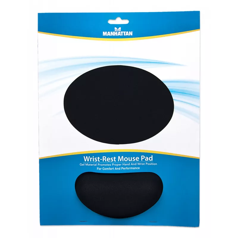 Manhattan Wrist Gel Support Pad and Mouse Mat, Black, 241 × 203 × 40 mm, non slip base, Lifetime Warranty, Card Retail Packaging
