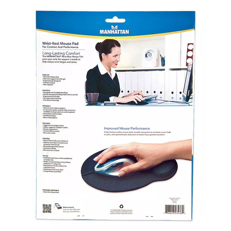 Manhattan Wrist Gel Support Pad and Mouse Mat, Black, 241 × 203 × 40 mm, non slip base, Lifetime Warranty, Card Retail Packaging