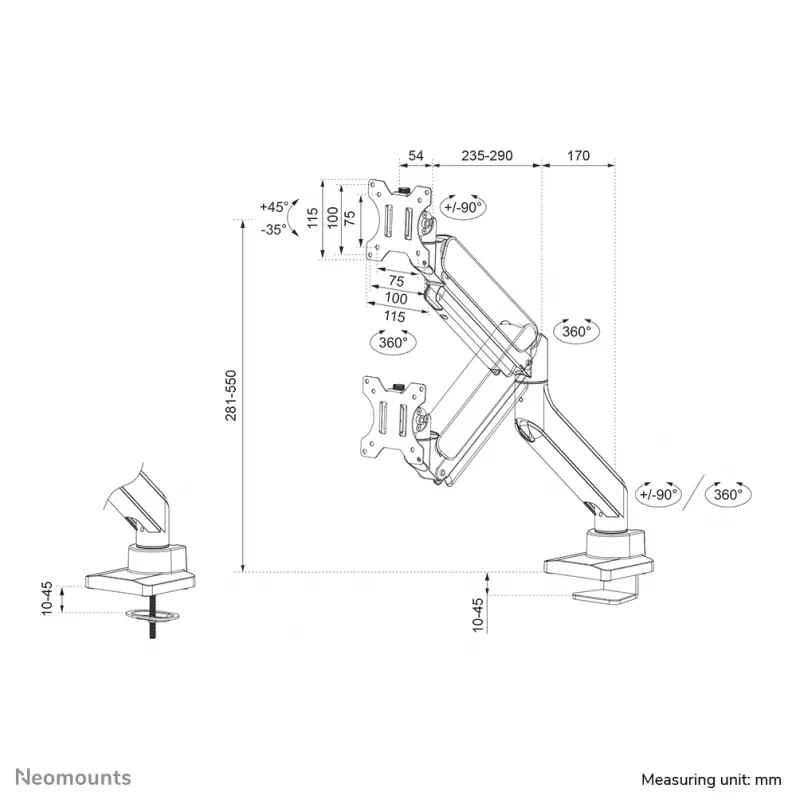 Neomounts DS70-450BL1 Monitor arm 17-42 inch - gas spring - Topfix - 180°-stop